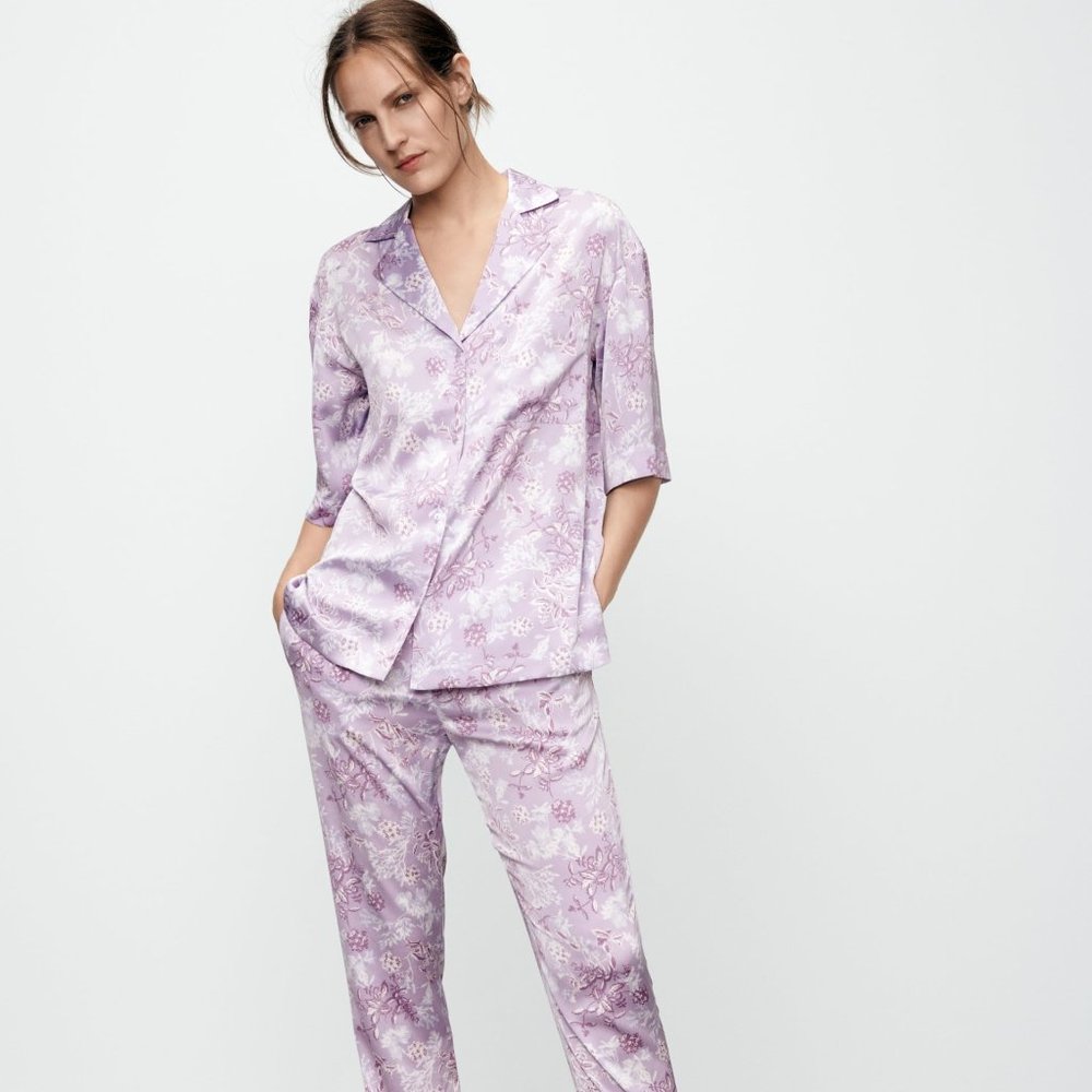 Zara Floral Lilac Pajama Style Satin Effect Shirt Top M